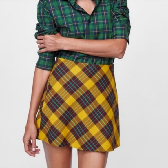 Zara Traf Collection Yellow Pllaid Mini Skirt Size Large - Picture 1 of 6
